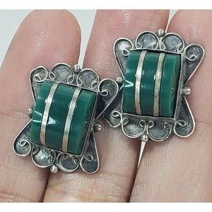 Vintage Diaz Santoyo? 925  Sterling Sliver Green Onyx Mexico Earrings